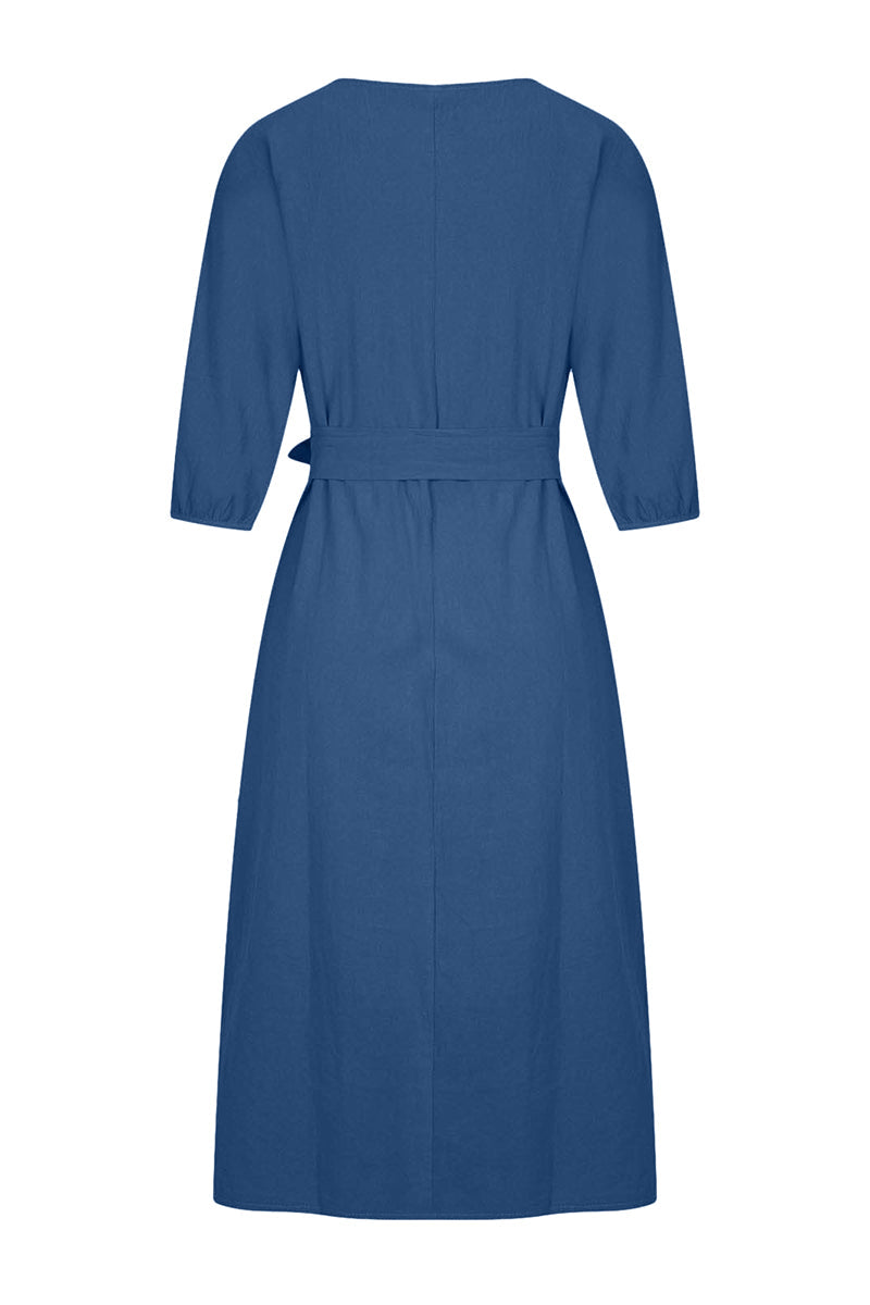 Modern Linen Blend Midi Dress with Tie Waist