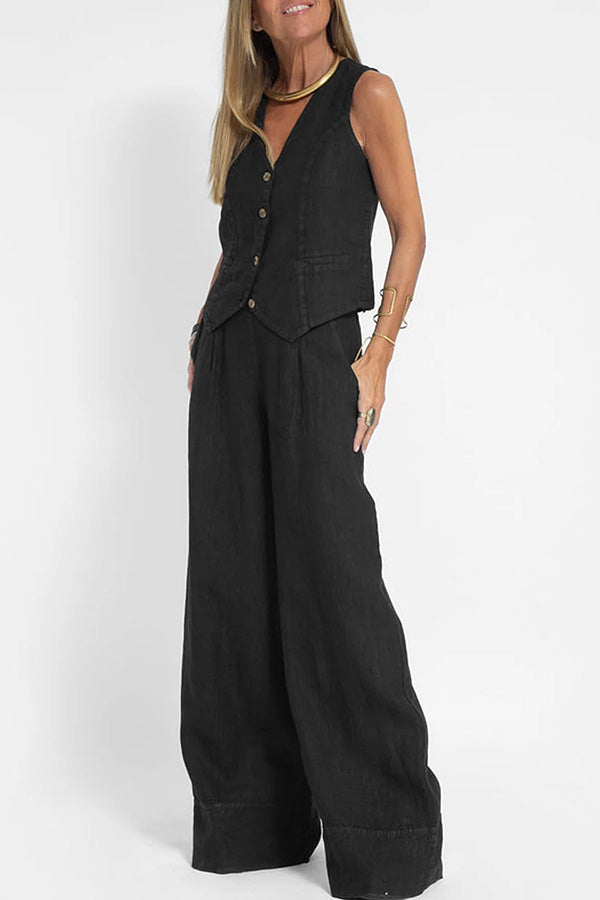 Tailored Linen-Texture Vest and Wide-Leg Trouser Co-ord Set