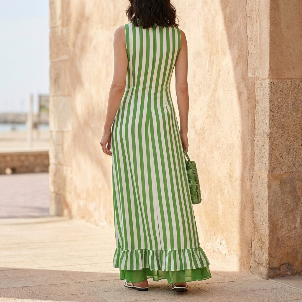 Resort Stripe Sleeveless Maxi Dress with Ruffle Hem
