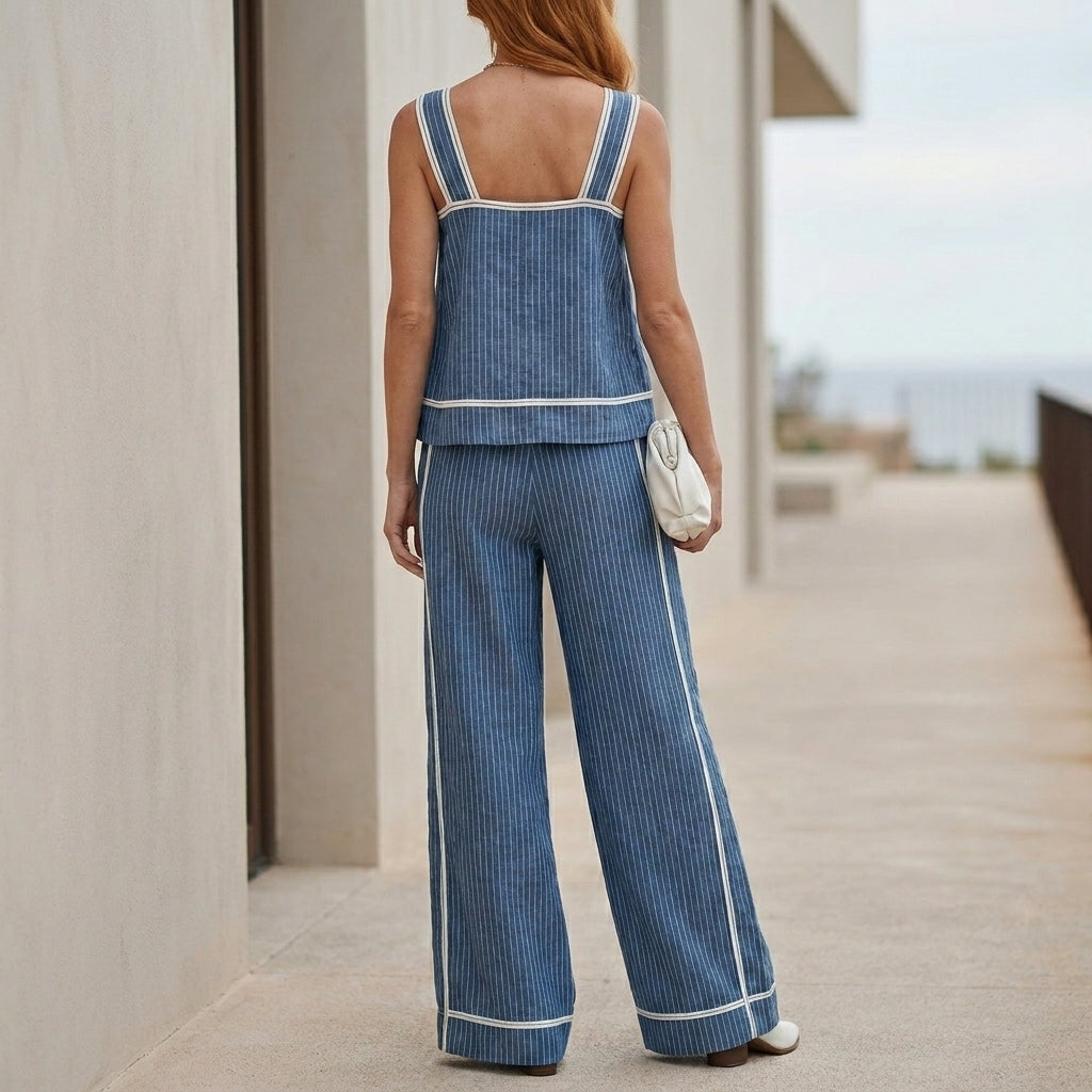 Coastal Stripe Sleeveless Top and Wide-Leg Pant Set
