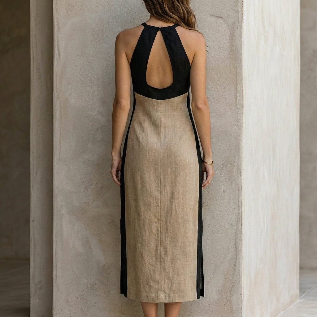 Colorblock Halter Midi Dress with Keyhole Neckline Detail