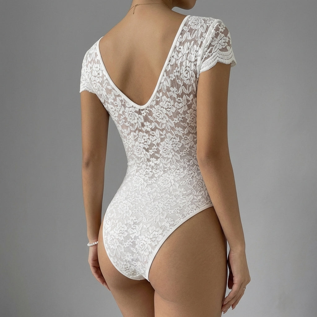 Romantic Lace V-Neck Bodysuit with Scalloped Trim