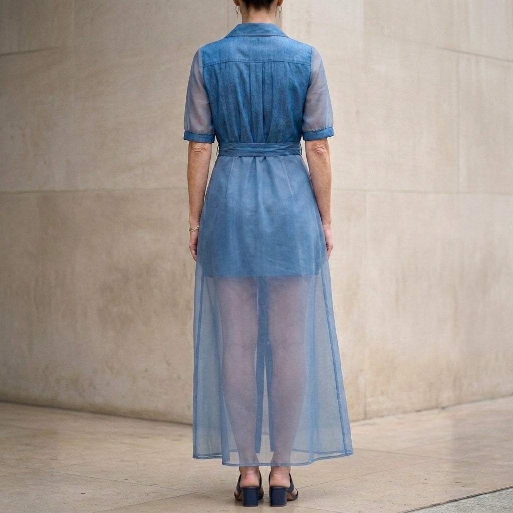 Ocean Twilight Sheer Sleeve Button-Front Maxi Dress