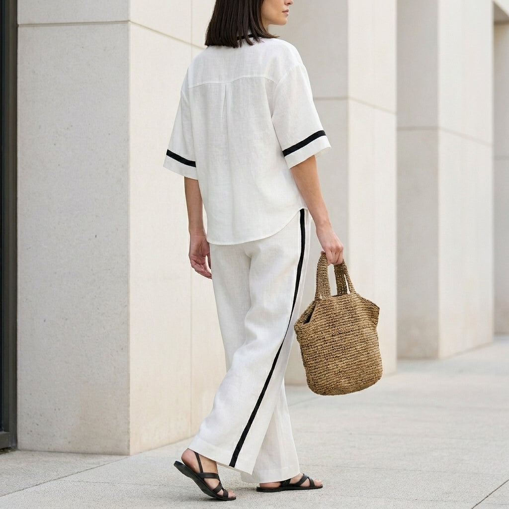 Coastal Chic Contrast Trim Top and Wide-Leg Pants Set