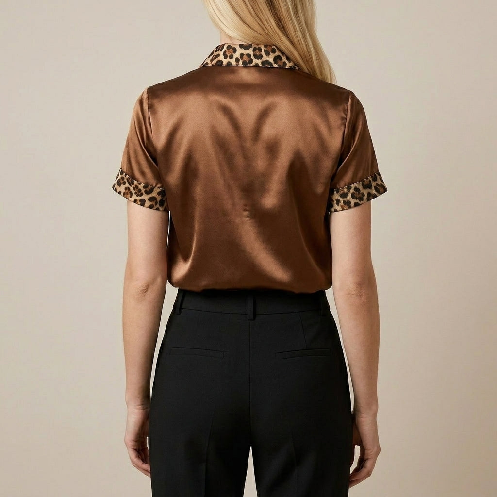 Leopard Trim Satin Button-Front Statement Blouse