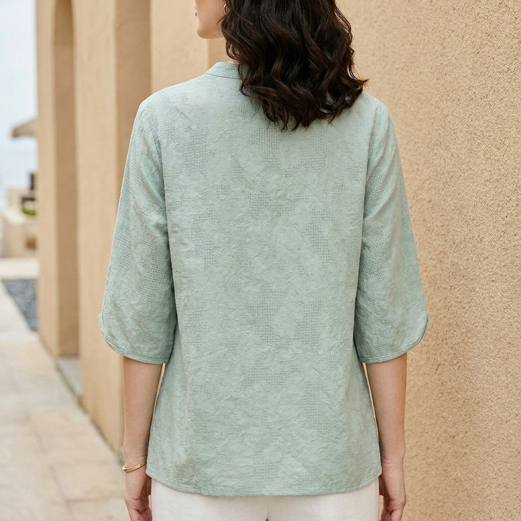 Embroidered Notch Neck Relaxed Everyday Blouse