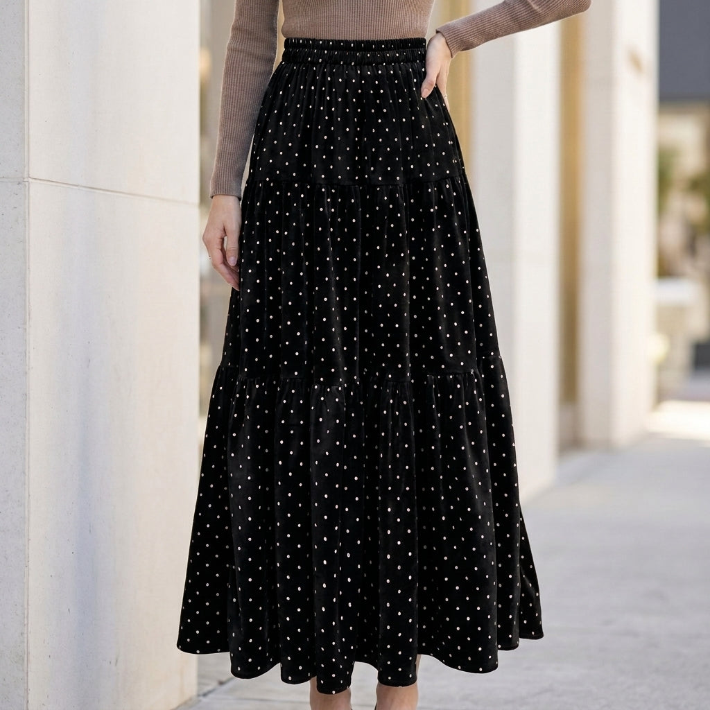 Vintage Charm Polka Dot Tiered Maxi Skirt