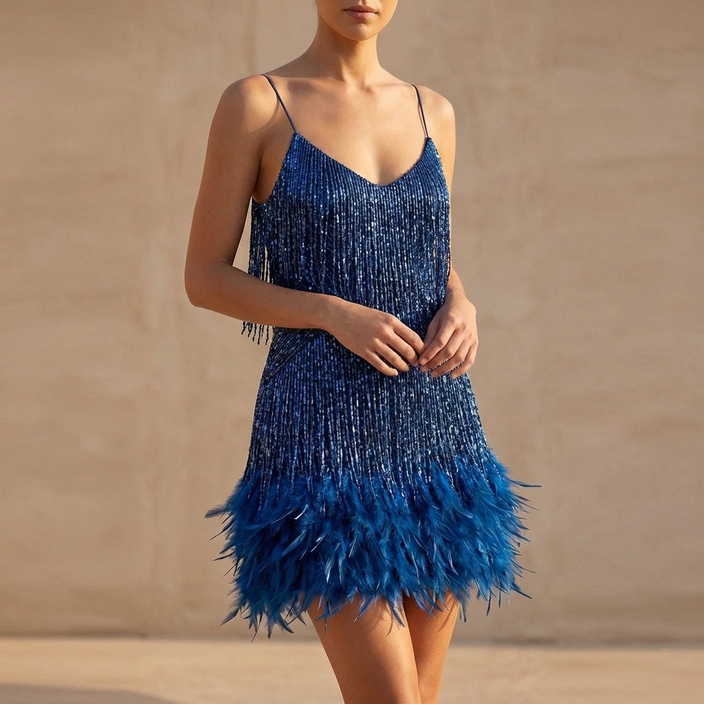 The Shimmering Fringe & Feather Mini Dress