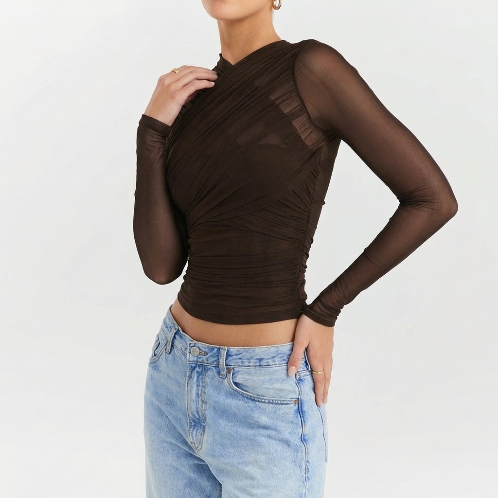 Sheer Overlay Long Sleeve Cropped Top