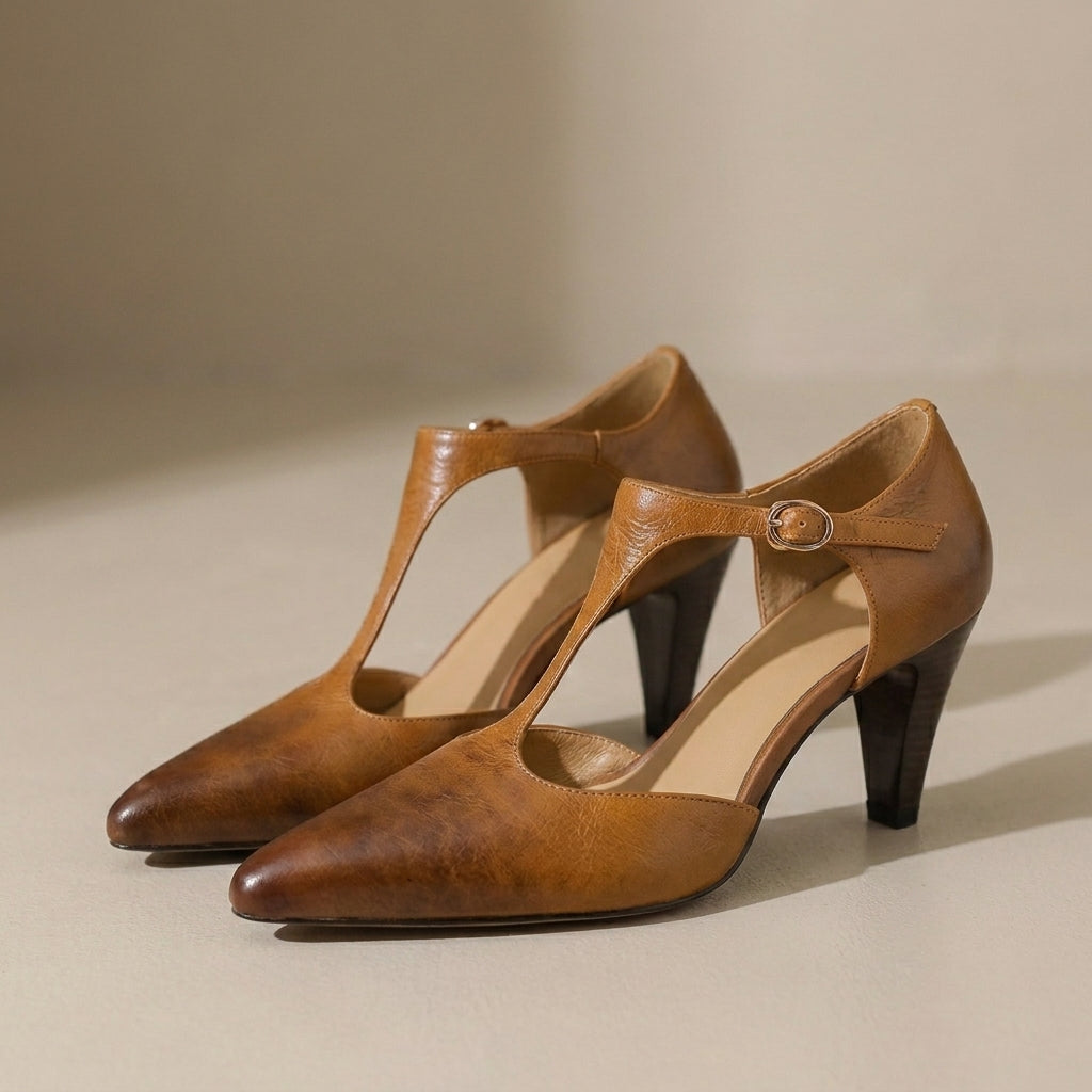 Vintage T-Strap Pointed Toe Mid-Heel Pumps