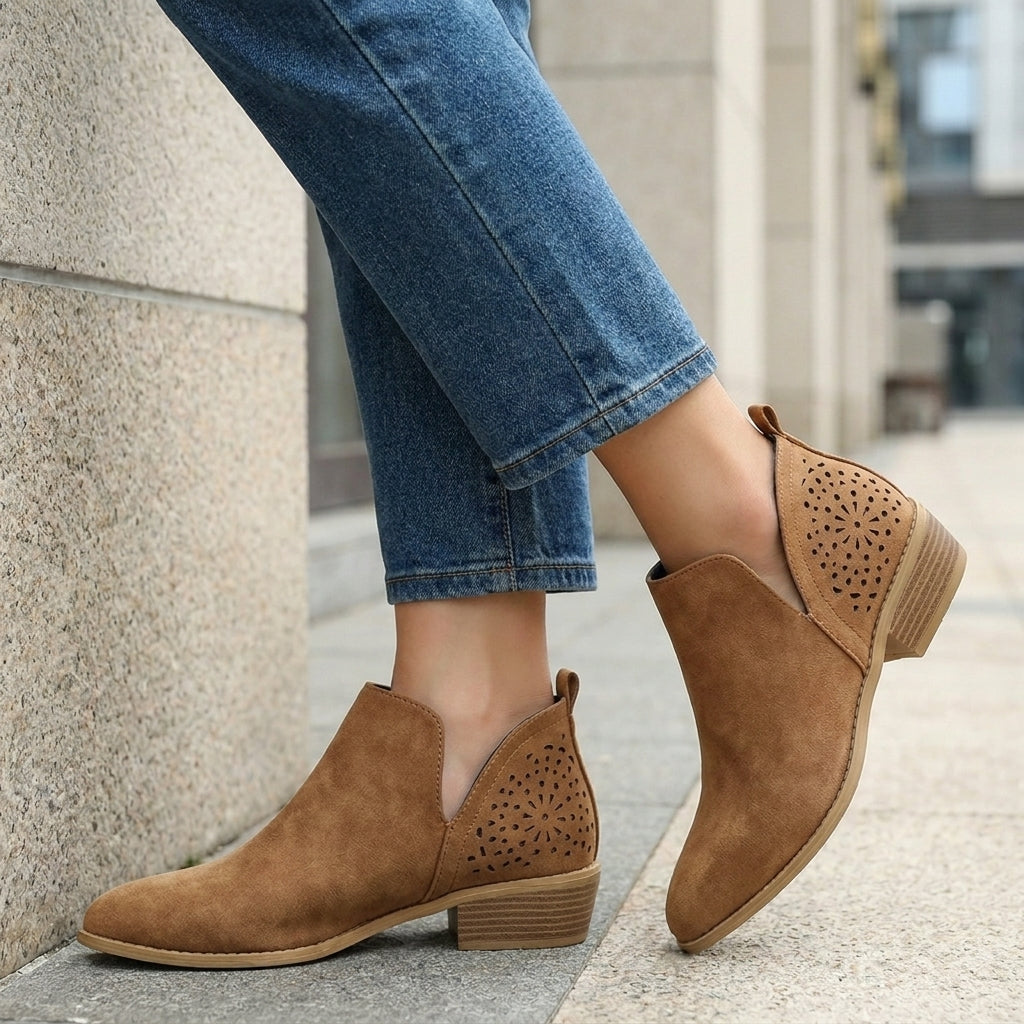 Perforated Side Panel Ankle Boots with Stacked Heel