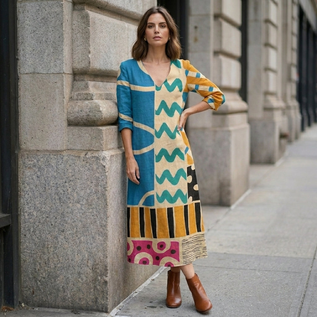 Abstract Patchwork Midi Dress with Artistic Statement Print