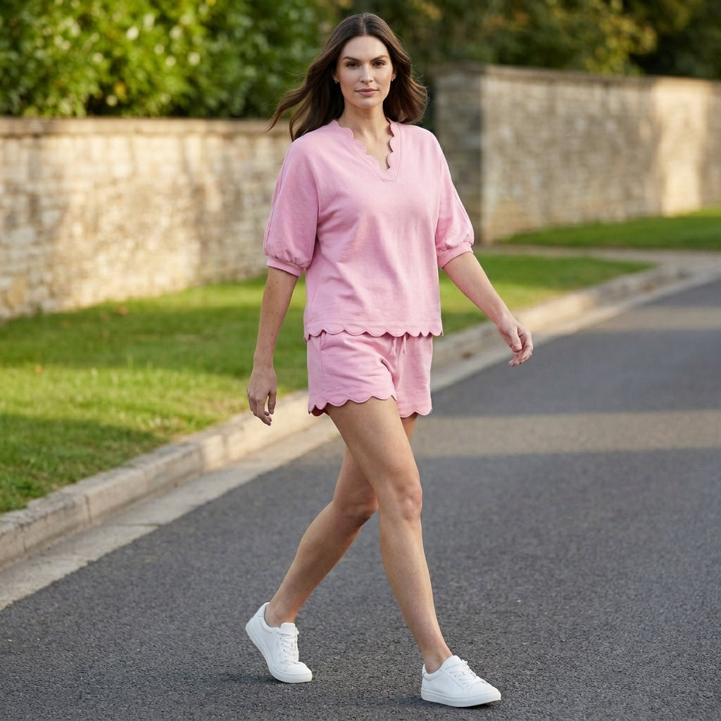 Blush Breeze Relaxed Lounge Set with Scalloped Shorts