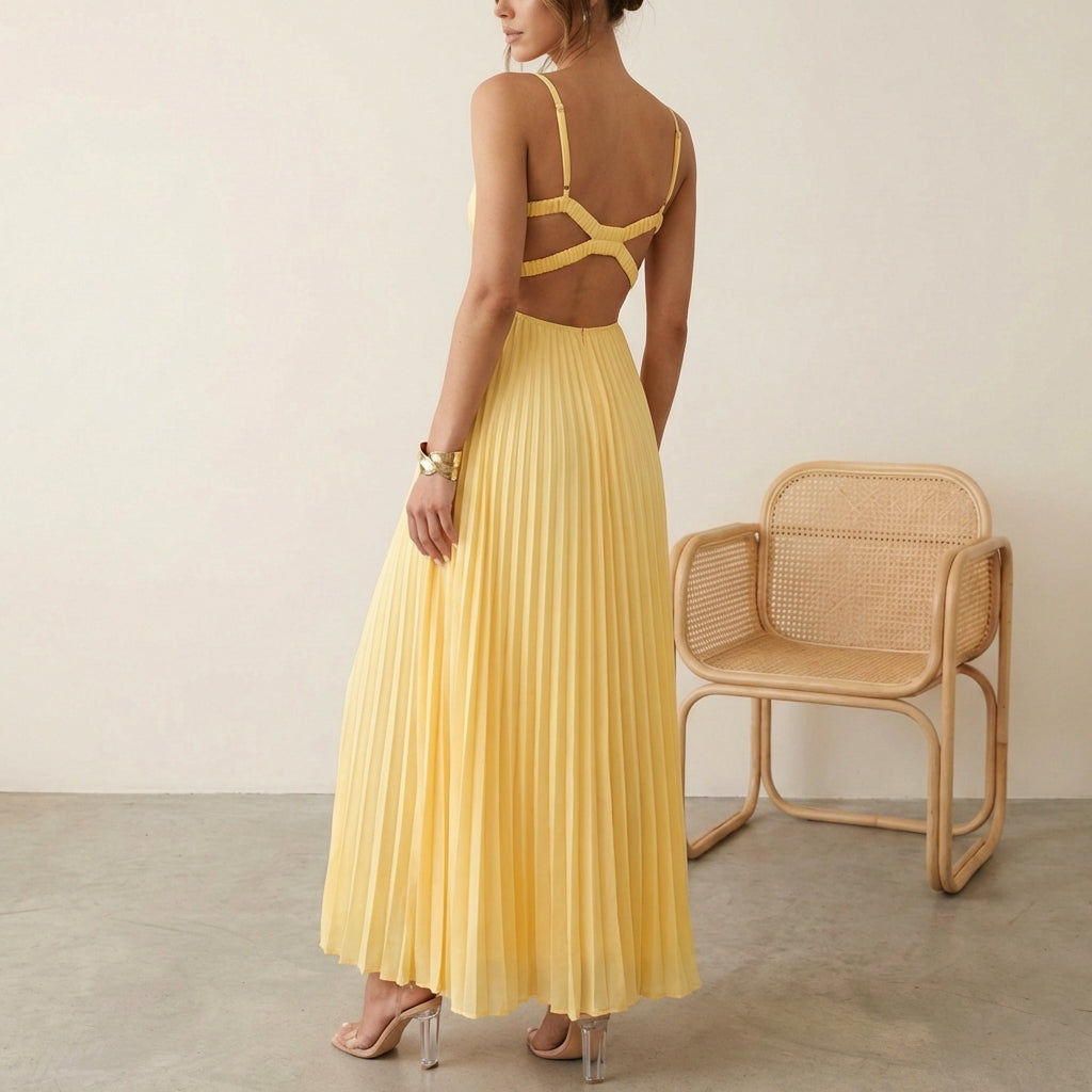 Eileen Satin Ruched Bodice Sleeveless Maxi Dress with Pleated Skirt
