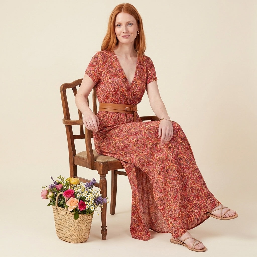 Vintage Paisley V-Neck Maxi Dress