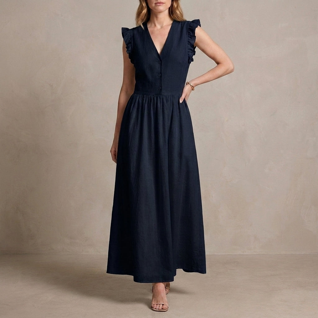 Graceful Ruffle Sleeve Button-Front Maxi Dress