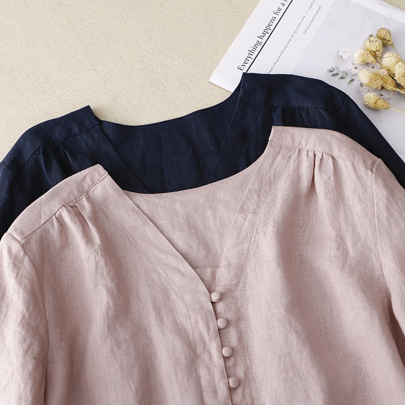 Relaxed Linen-Texture V-Neck Blouse with Delicate Button Detail