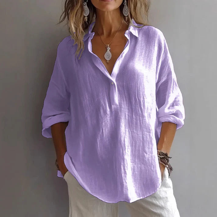 Relaxed Fit Linen Blend Button-Up Tunic Shirt