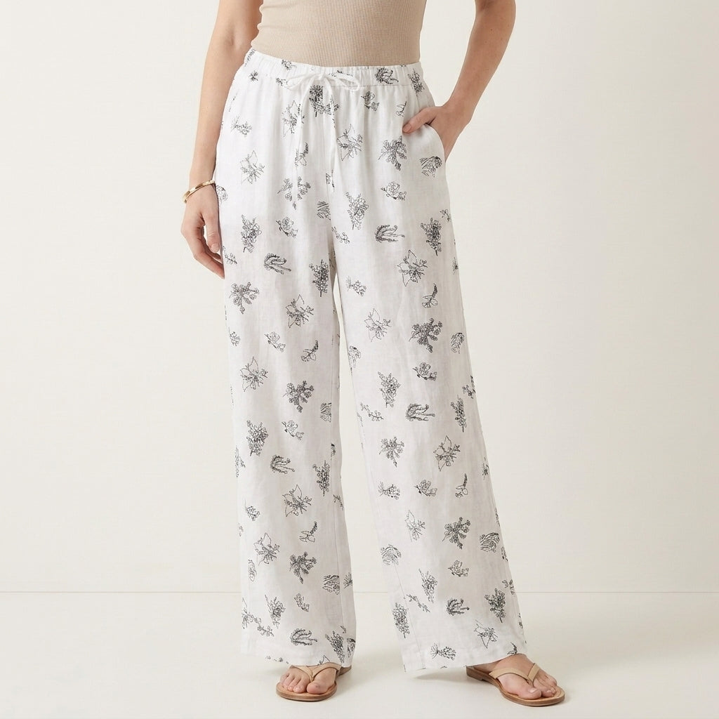 Botanical Print Wide-Leg Lounge Pants with Drawstring Waist