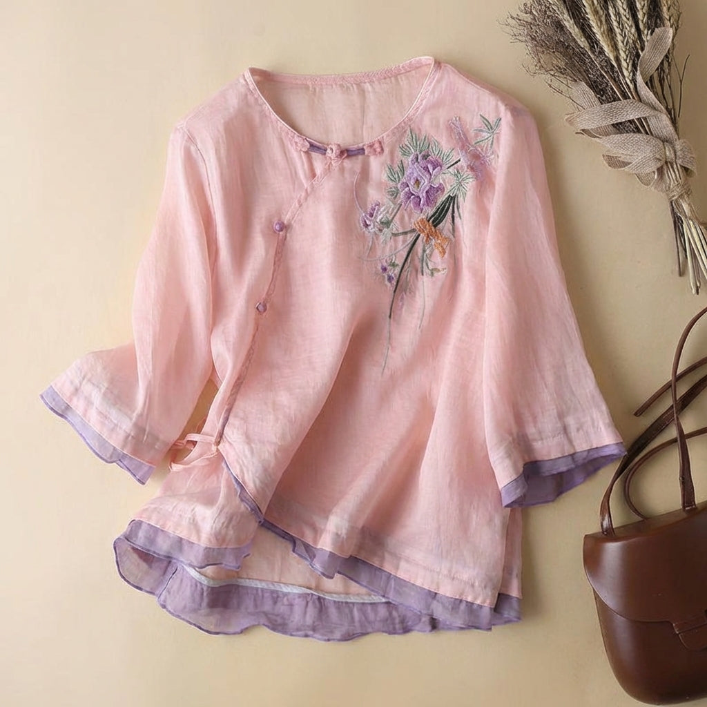 Embroidered Artisan Kimono-Style Linen Blend Blouse