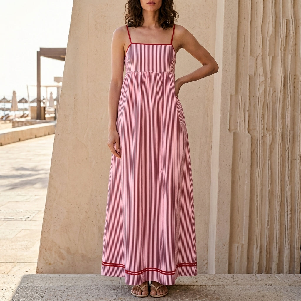 Striped Square Neck Sleeveless Maxi Dress with Pockets