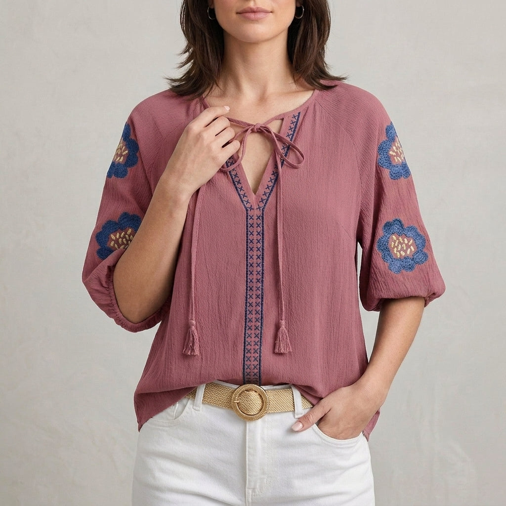 Floral Embroidered Split Neck Blouse for Effortless Elegance