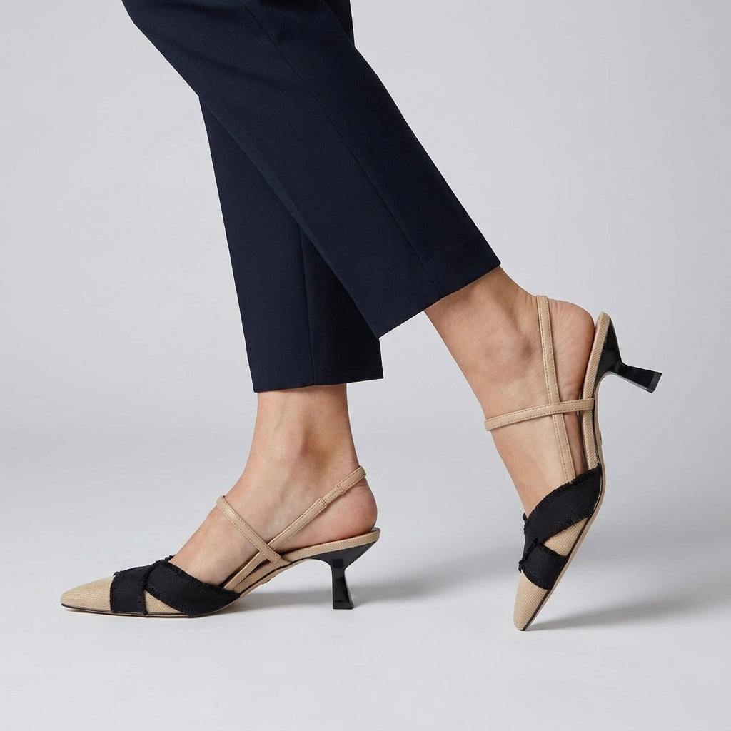 Pointed Slingback Heels with Contrast Crossband Detail