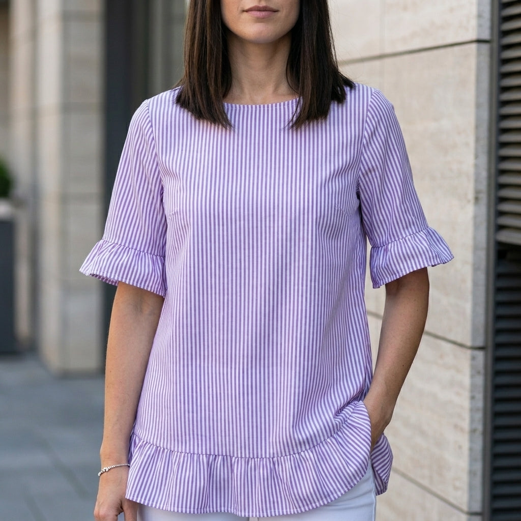 Relaxed Stripe Ruffle Hem Tunic Blouse for Women