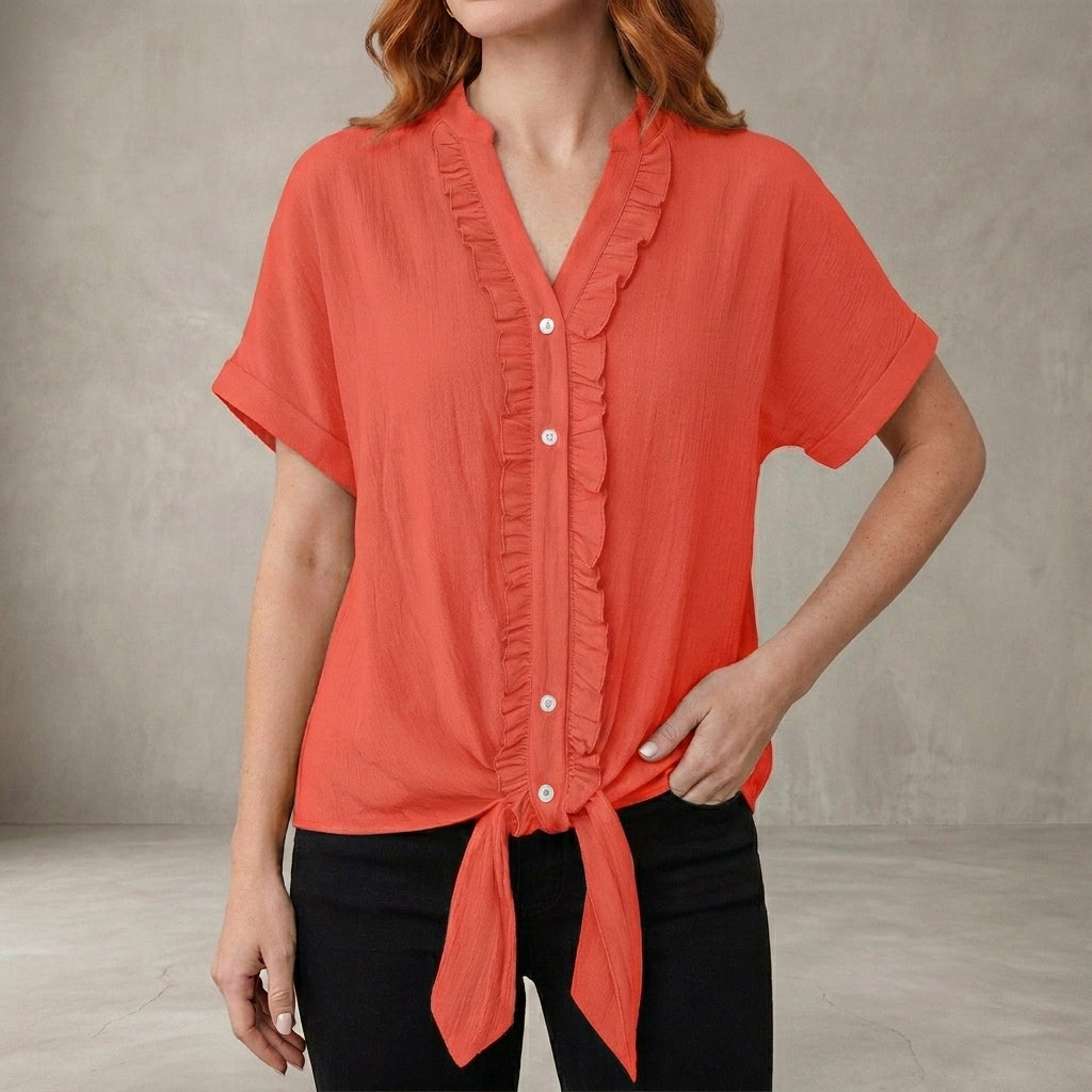 Willow Grace Ruffle Trim Tie-Front Blouse