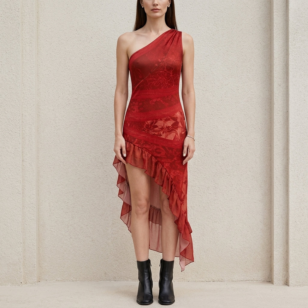 Bohemian One-Shoulder Printed High-Slit Maxi Dress