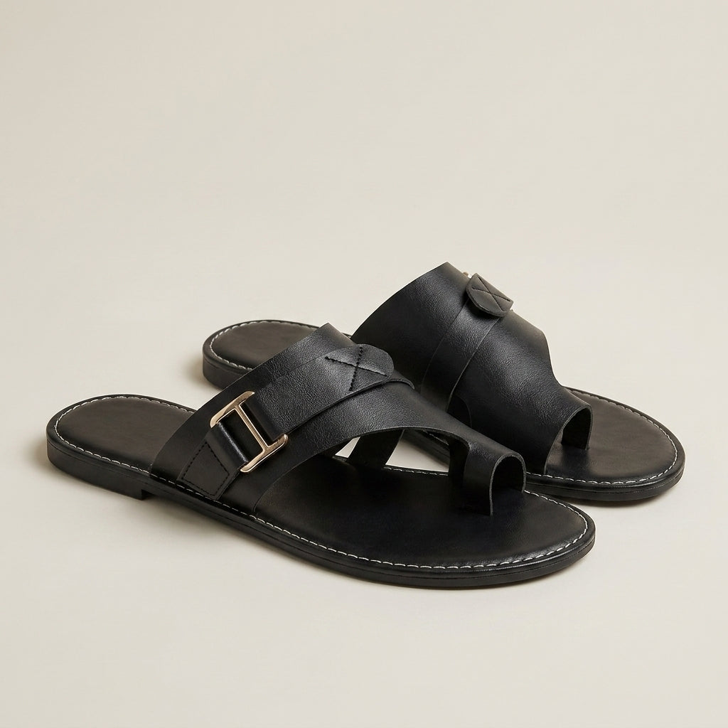 Cross Strap Toe Loop Slide Sandals with Buckle Detail