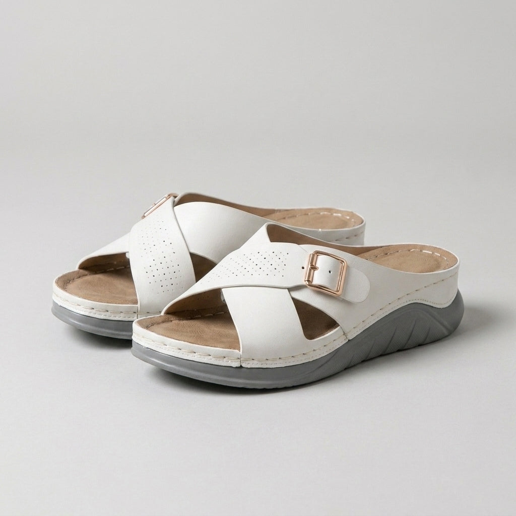 Buckle Accent Cross-Strap Comfort Slide Sandals