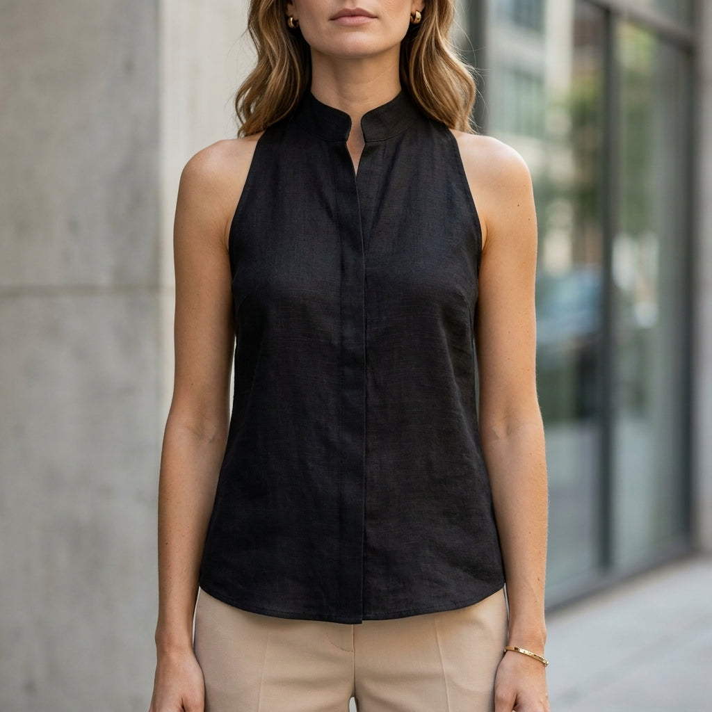 Sleeveless Split Neck Blouse with Tailored Silhouette