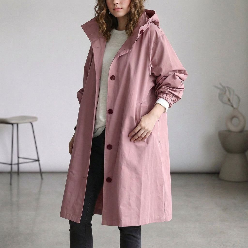 Oversized Cotton Midi Trench Coat with Hooded Stand Collar and Patch Pockets