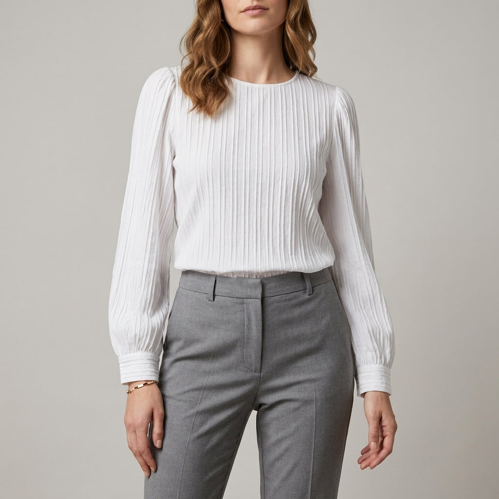 Refined Pleated Long Sleeve Blouse with Soft Puff Shoulders