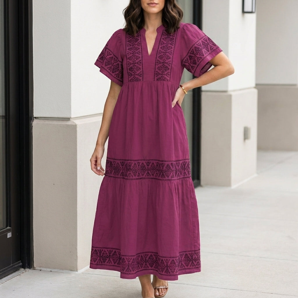 Bohemian Embroidered Tiered Midi Dress with Relaxed Silhouette