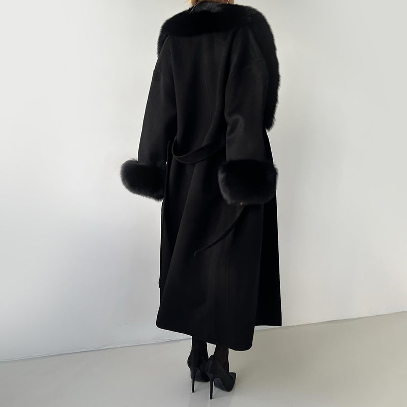 Isla Straight Fit Coat | Belted Fur Trim Long Sleeve Coat