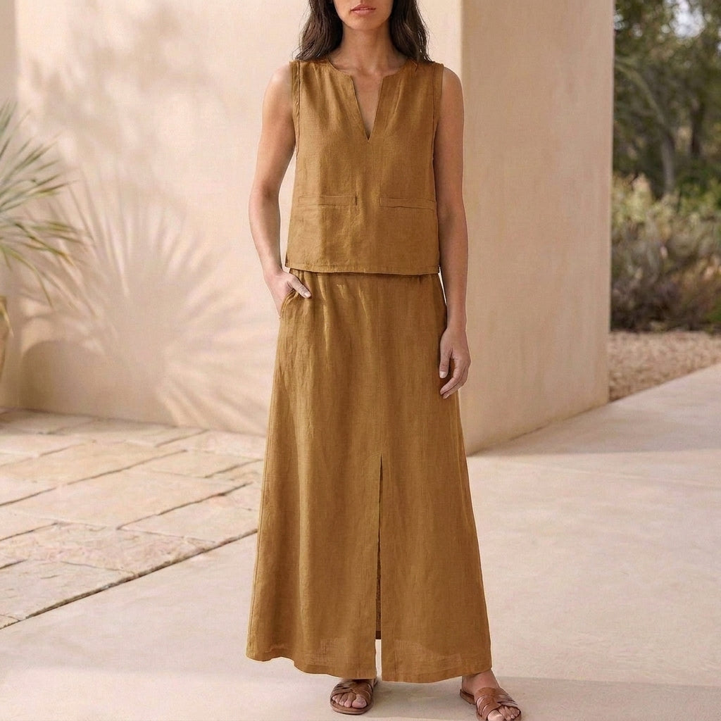 Relaxed Sleeveless Notched V-Neck Top with Flowing Maxi Skirt Set