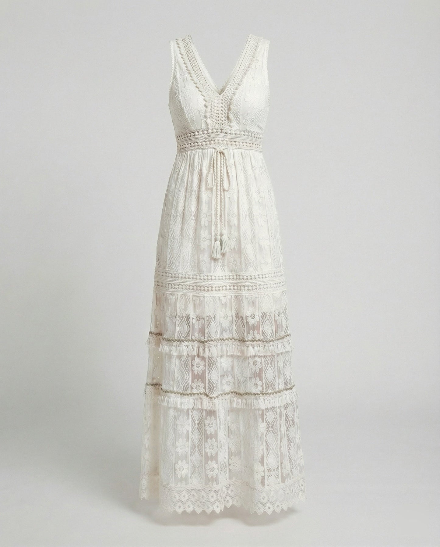 Bohemian Lace Maxi Dress with Tiered Skirt and Tassel Waist