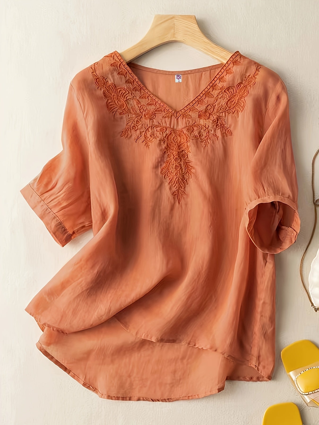Embroidered V-Neck Relaxed Fit Tunic Blouse