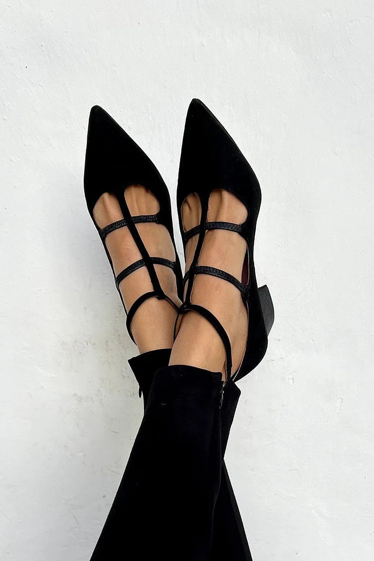 Pointed Toe Mary Jane Flats with Multi-Strap Detail