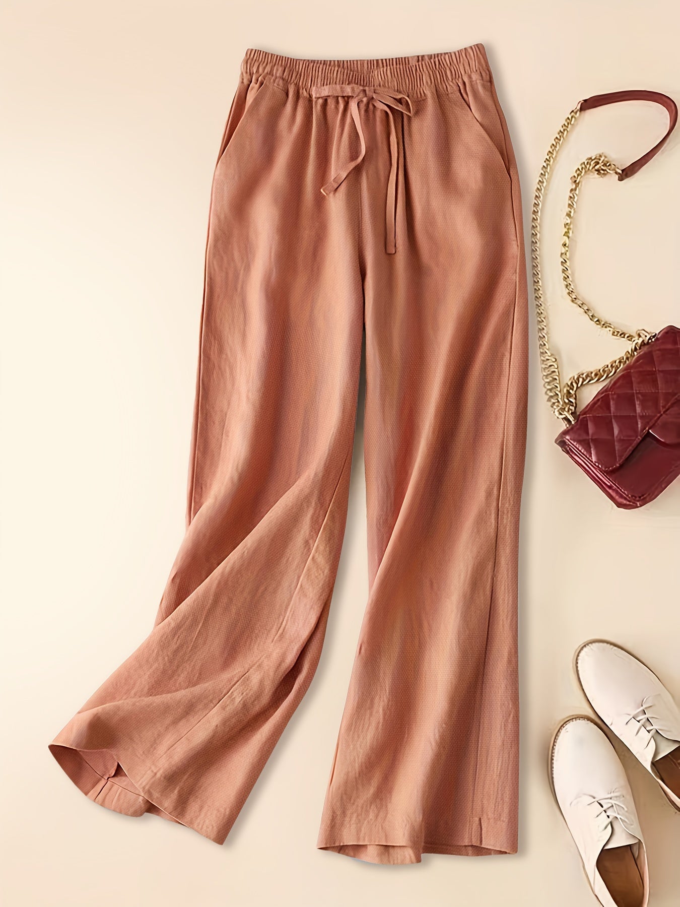 Lightweight Wide-Leg Linen Blend Drawstring Trousers