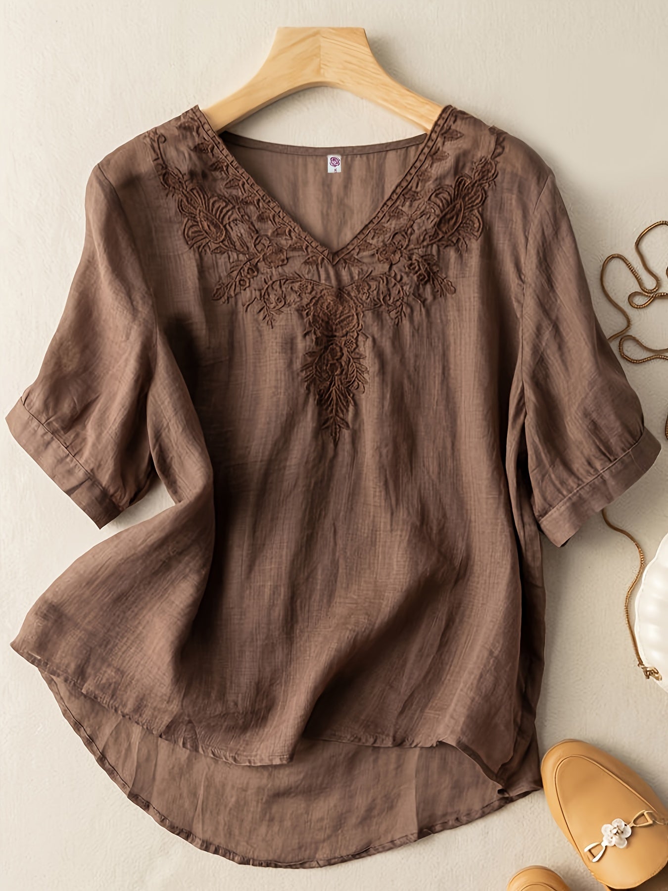 Embroidered V-Neck Relaxed Fit Tunic Blouse