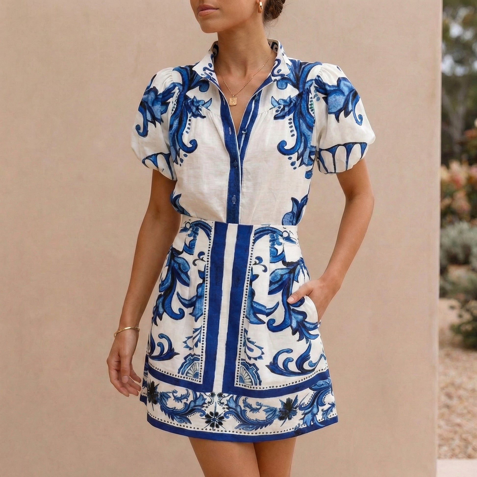 Puff Sleeve Mini Dress with Band Collar and A-Line Silhouette