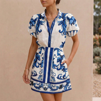 Puff Sleeve Mini Dress with Band Collar and A-Line Silhouette