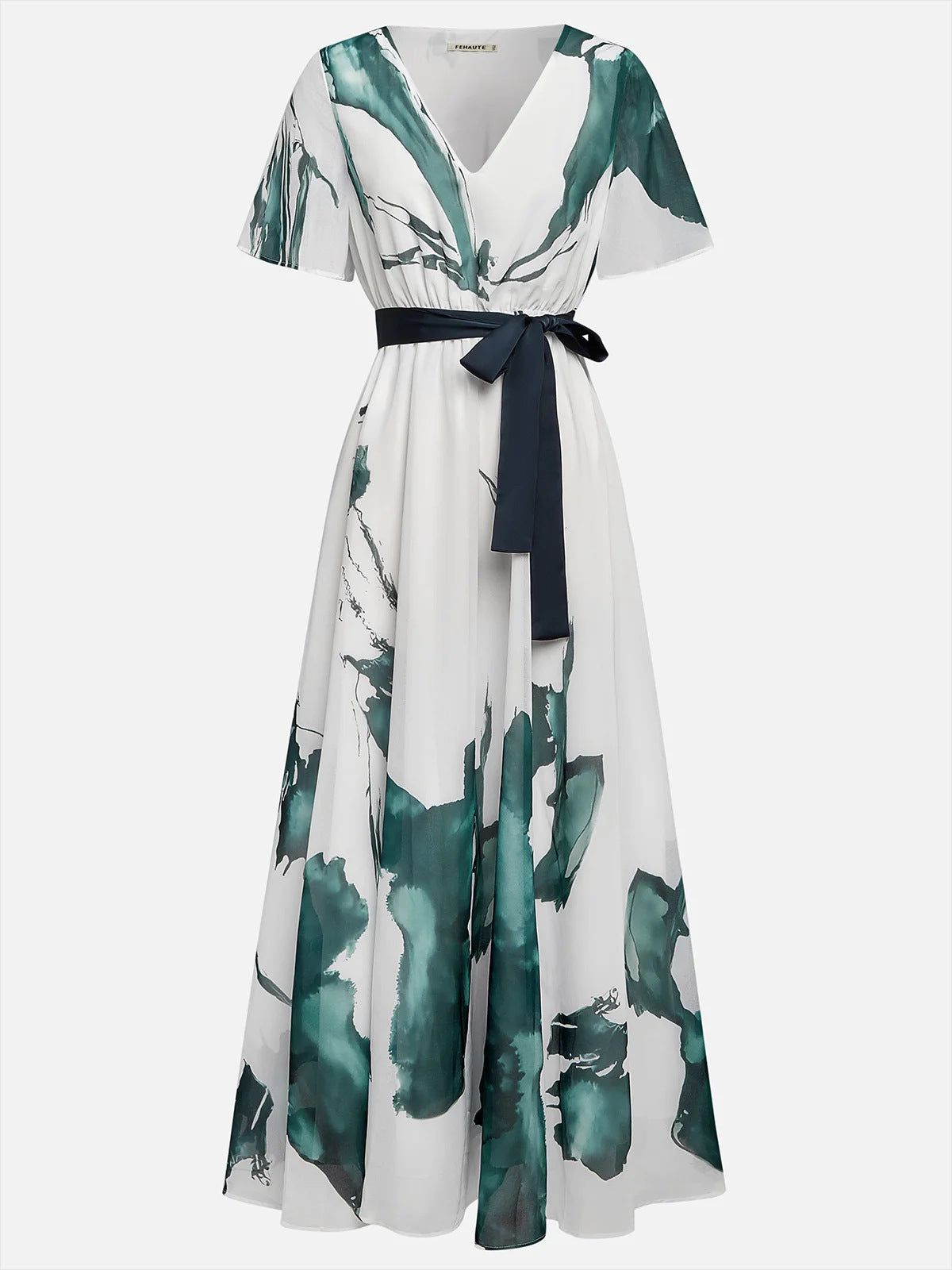 Chiffon Maxi Dress with Belted Waist and Flowing Full Skirt