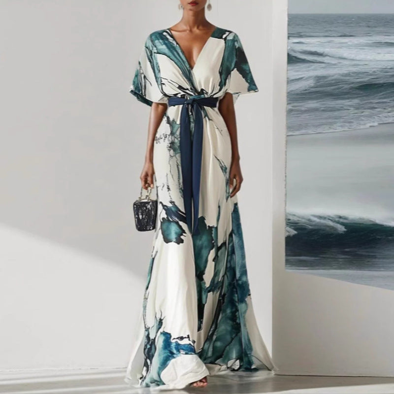 Chiffon Maxi Dress with Belted Waist and Flowing Full Skirt
