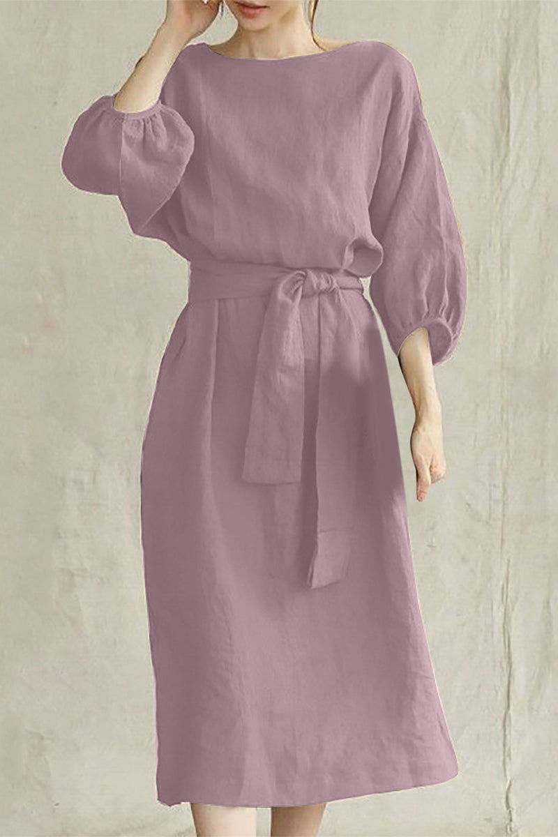 Modern Linen Blend Midi Dress with Tie Waist