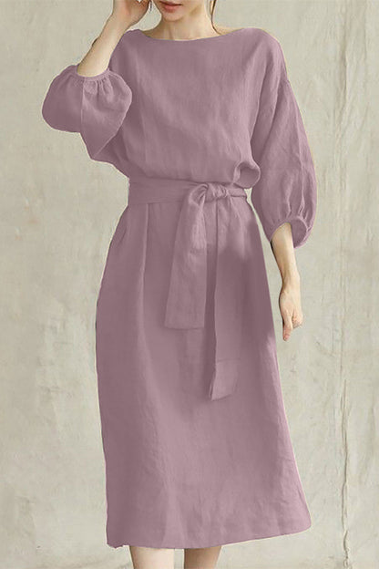 Modern Linen Blend Midi Dress with Tie Waist