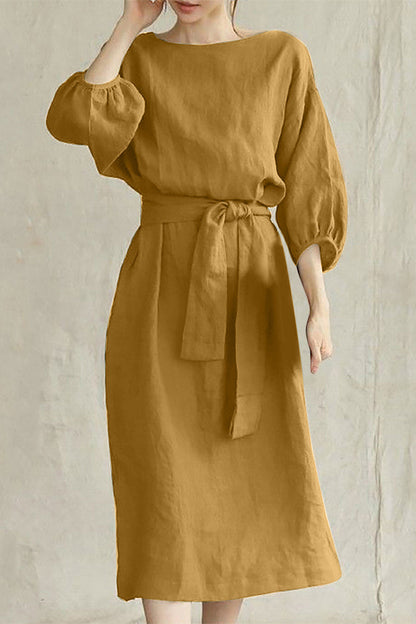Modern Linen Blend Midi Dress with Tie Waist
